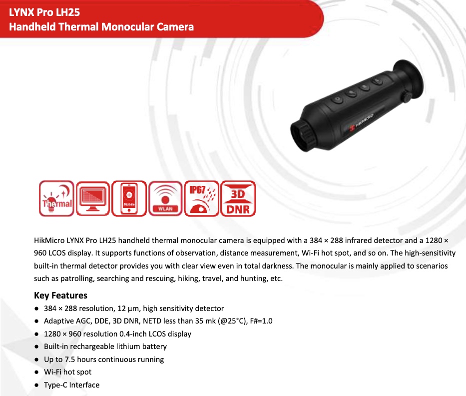 HIKMICRO LINX Pro HD LH25 Monocolo THERMAL Dig.Zoom 2,45/19,6x 8G Wifi 1280×960 Lens 25mm (A)